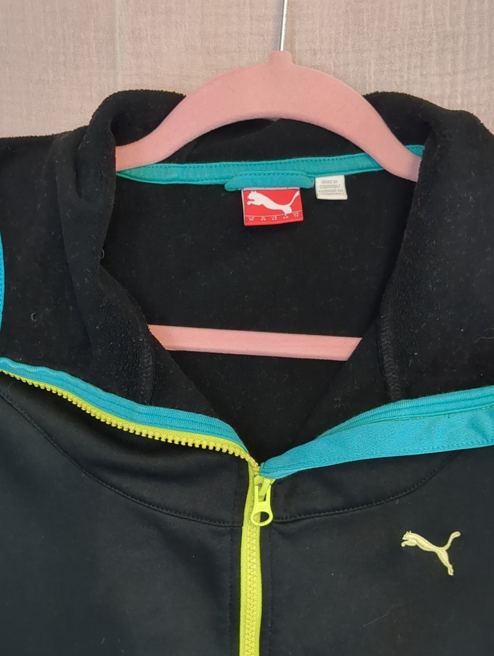 Puma Women's Black Hoodie with Teal Trim and Neon Yellow Zipper
